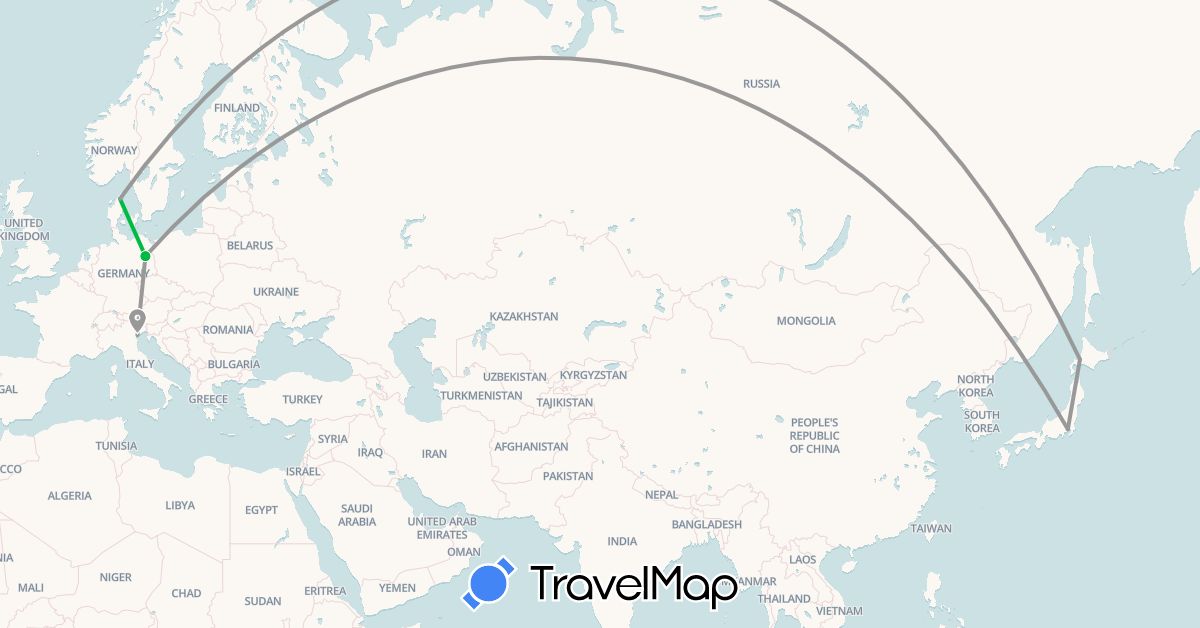 TravelMap itinerary: driving, bus, plane in Germany, Denmark, Italy, Japan (Asia, Europe)